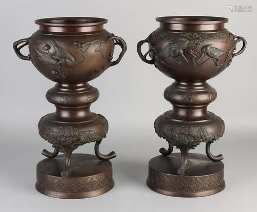 Two 19th century Japanese bronze flower pots with birds