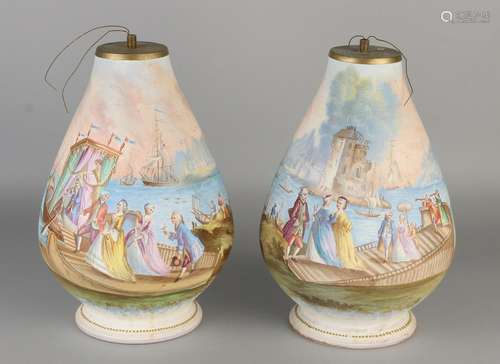 Two hand painted antique French bisquit porcelain lamp