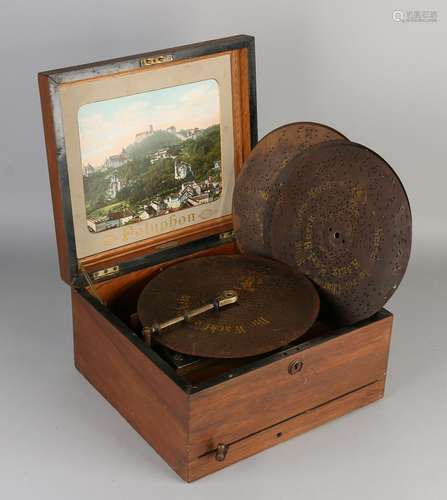 Antique German Polyphon walnut music box with six