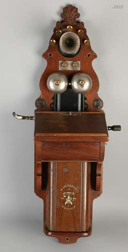 Antique walnut hanging telephone from Stockholm by L.