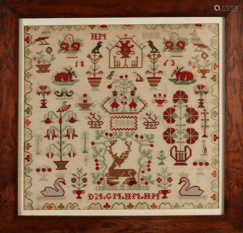 Antique Dutch sampler with original oak frame.