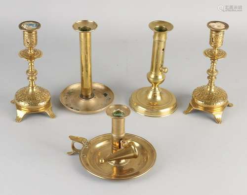 Five antique brass candle candlesticks / sconces. Size: