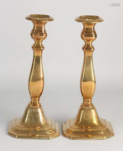 Two baluster antique brass candle candlesticks. First