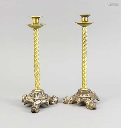 Two antique Neo-Gothic bronze candle candlesticks with