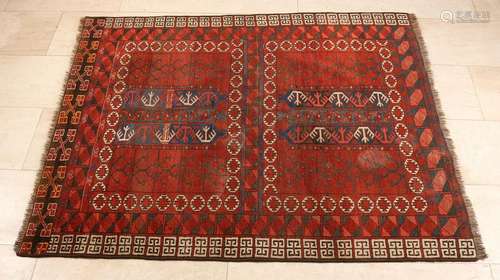 Oriental kilim rug. Red / black / cream colored. Size: