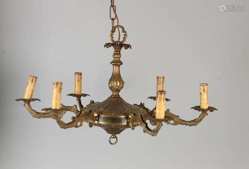 Six-light brass Baroque-style lamp. 20th century. Size: