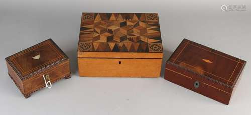 Three 19th-century wooden covered boxes. Twice mahogany