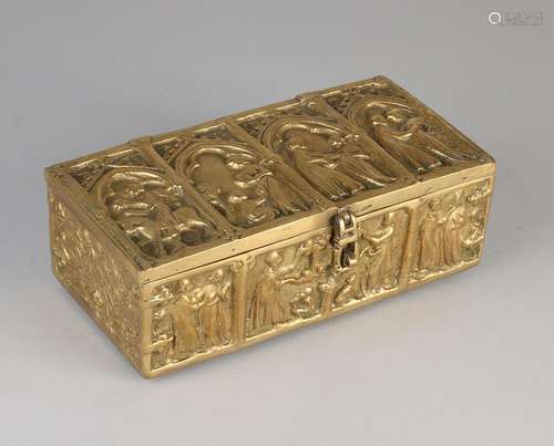 Large Neo Gothic brass lid box with religious imagery.