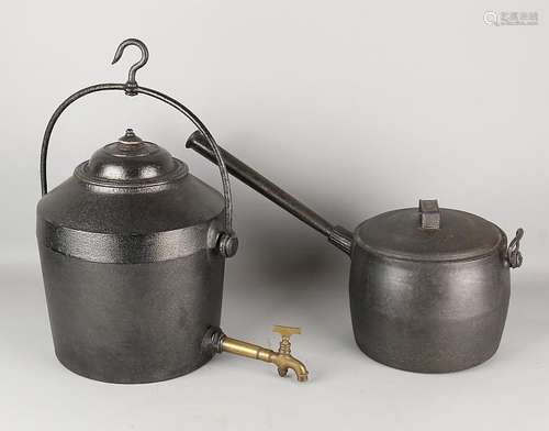 Two 19th century iron pots for witch pull and open