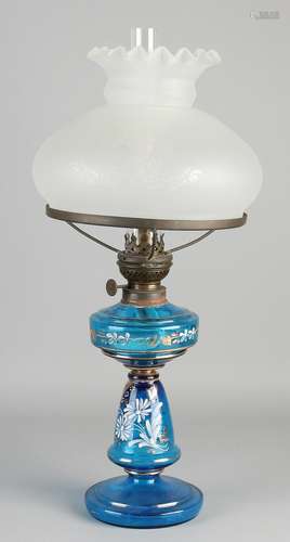 Antique blue glass kerosene lamp with floral / gold /