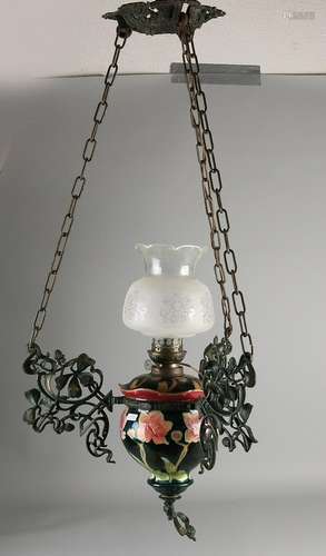 Antique majolica nouveau hanging kerosene lamp circa