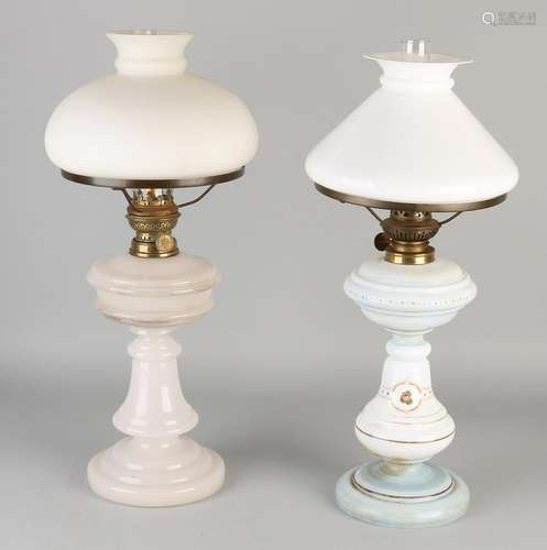 Two antique opaline glass table kerosene lamps. Circa