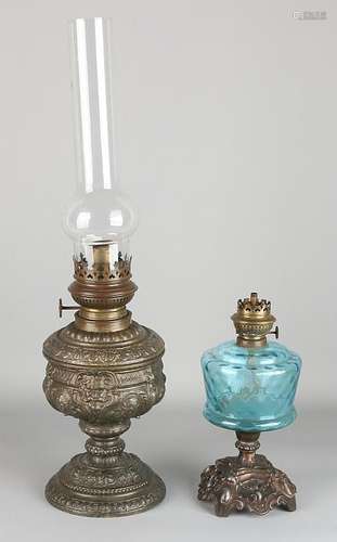 Two antique kerosene lamps. Circa 1900. Size: 28-55 cm.