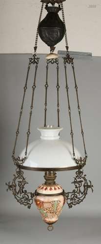 Majolica hanging kerosene lamp with floral decoration