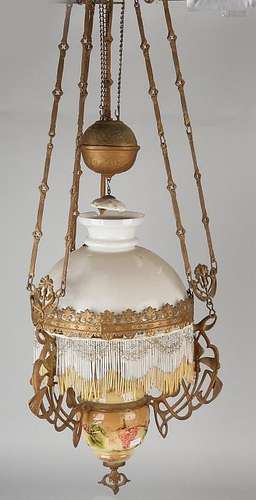 Antique Art Nouveau Majolica hanging kerosene lamp.