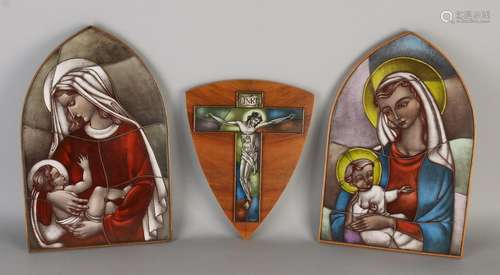 Three religious devotion opaline glass wall plaques.