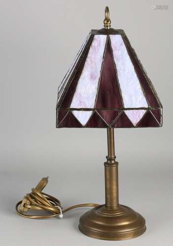 Tiffany-style table lamp with brass base. Second half