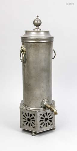 Early 19th century pewter urn with lion heads brass.