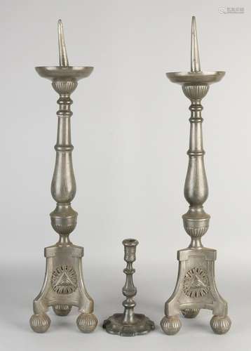 Three antique pewter candle chandeliers. Circa 1800.