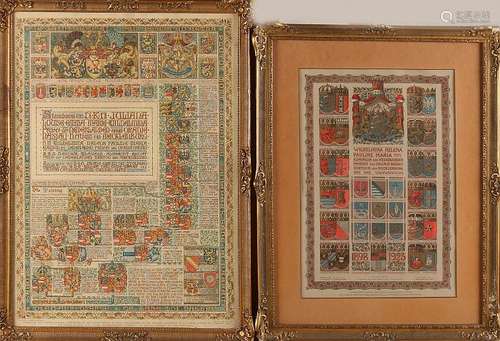 Two antique orange royal prints in gold frame.