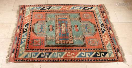 Old Persian rug in the color salmon / blue / black /