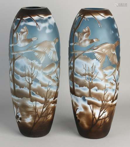 Two Gallé style glass vases with ornamental pigeons