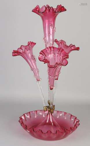 Large antique cassis-colored blown glass five-part