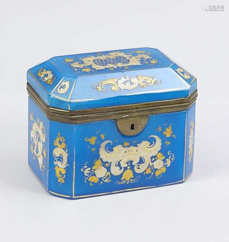 19th Century blue glass lid box with gold floral