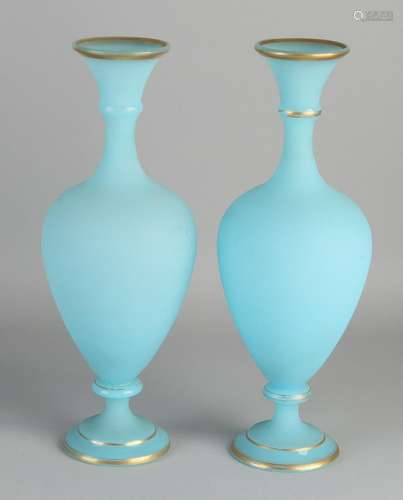 Two antique opaline glass vases with goudomranding.