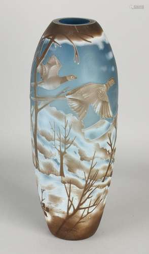 Big Gallé style glass vase with flying doves in