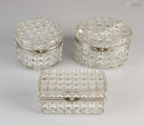 Three crystal lid boxes with nickel plated brass