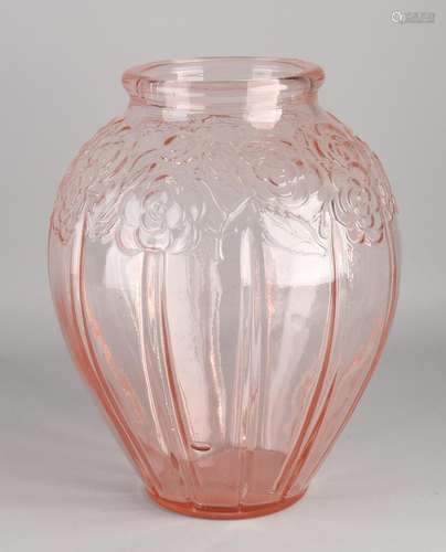 Large red-pink French pressed glass Art Nouveau vase