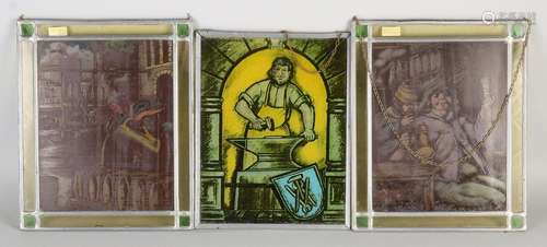 Three stained glass leaded windows. Figures