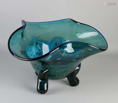 Very large blue Murano-style glass bowl with scalloped