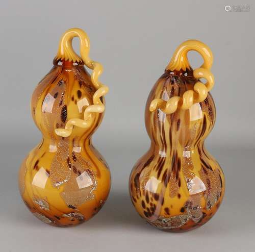 Two large Murano-style glass pumpkins. Glasfusing ocher