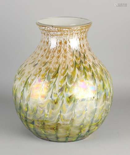 Large glass design vase with multicolored iridescent