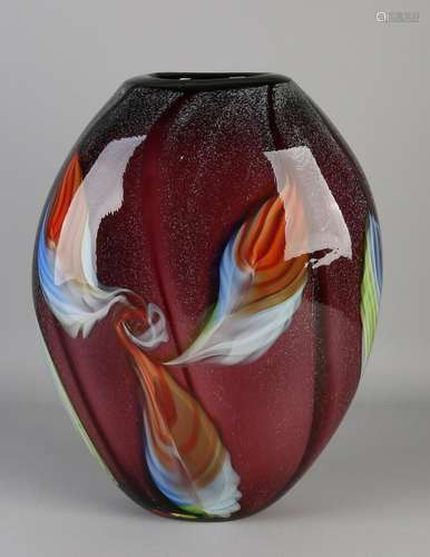 Large modern glass oval vase. Glass fusing. Floral.