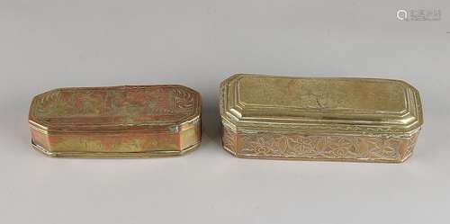 Two 18th - 19th century brass processed tobacco boxes.