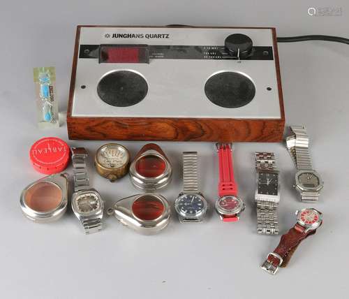 Box with several wrist watches + pocket holders +