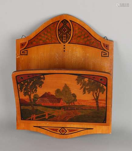 Antique Art Nouveau literature holder with intarsia.