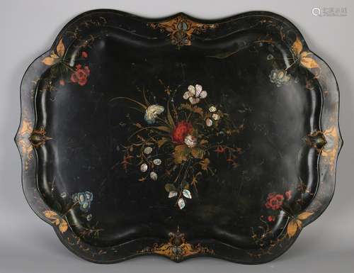 Beautiful large 19th century hand-painted tin tray with