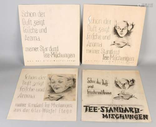 Four old German advertising design drawn on paper.