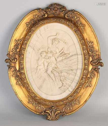 Large oval alabaster plaque with gold frame. Second