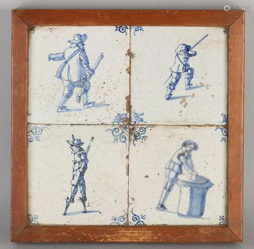 17th century Dutch 4-pass tile panel. Figures 2x with