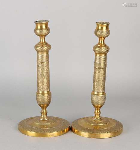 Two 18th century gilded brass candle candlesticks