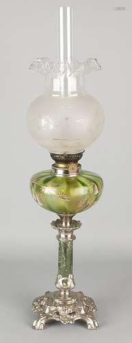 Antique petroleum lamp with hand-painted glass