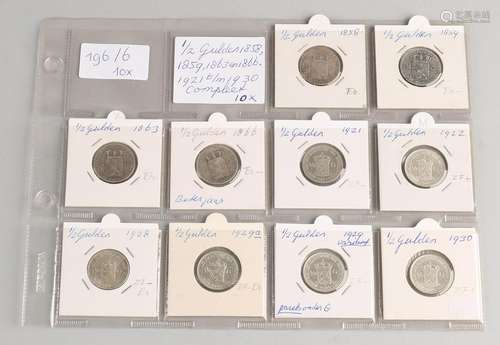 10x Silver ½ Gulden. 1858, 1859, 1863, 1866, and 1921 T