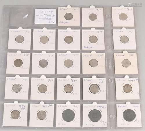 Lot 23 with coins of 25 Cent, 1910 t / m 1944 complete.