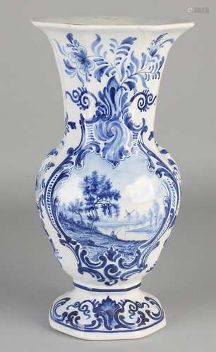 Antique Delft Fayence vase with landscape scenery.