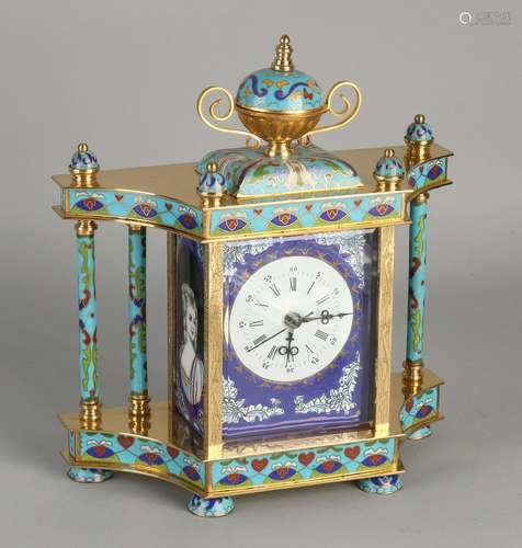 Plated brass cloisonne table clock with mechanical